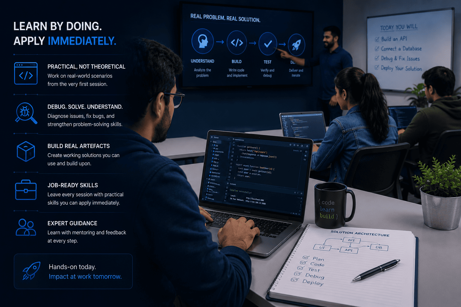 Hands-On Software Training and Real-World Project Simulation Illustration