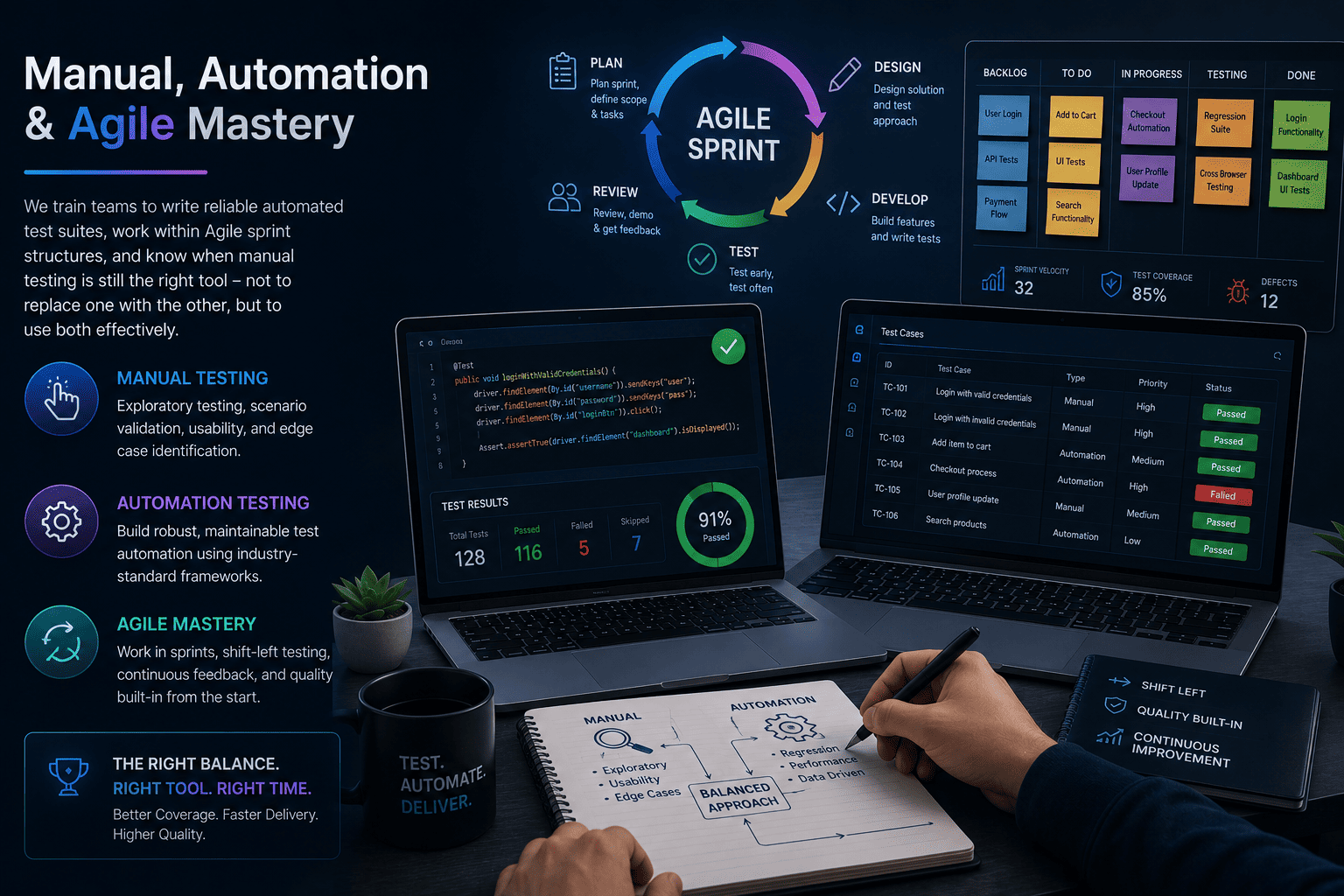 Manual and Automated Software Testing Training with Agile Methodology Illustration