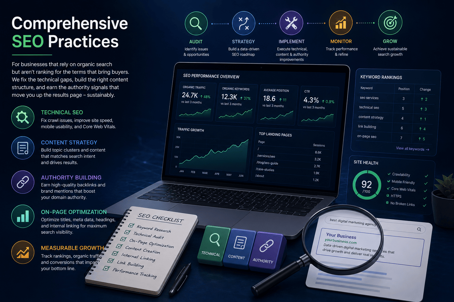 Search Engine Optimization and Keyword Strategy Illustration